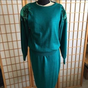 Vintage 80s Green Sequin Setter Set